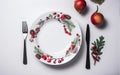 Christmas and New Year\'s table setting menu. Winter Top view, flat lay. Generative AI