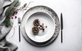 Christmas and New Year\'s table setting menu. Winter Top view, flat lay. Generative AI