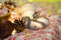 Christmas and New Year`s winter holiday Christmas stocking on the table. Composition. Garland, deer figurine, fir cones Royalty Free Stock Photo