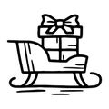 Christmas New Year Santa Claus Sleigh with Gift Box, linear Vector icon in doodle style