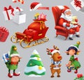 Christmas and New Year. Santa Claus, sleigh, gifts, deer, elves, christmas tree. vector icon set Royalty Free Stock Photo