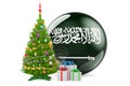 Christmas and New Year in Saudi Arabia, concept. Christmas tree and gift boxes with Saudi Arabian flag, 3D rendering