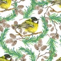 Christmas and New Year seamless nature pattern with tit winter bird, cone and conifer on white background