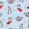 Christmas and New Year seamless pattern with cute cartoon cats