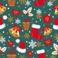 Christmas and New Year seamless pattern with doodle bells, balls, Christmas stockings Royalty Free Stock Photo