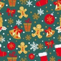 Christmas and New Year seamless pattern with doodle bells, balls, gingerbread Man Royalty Free Stock Photo