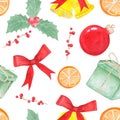 Christmas and new year seamless pattern of gift box, berries, mandarin and stars on white background