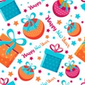 Christmas and new year seamless pattern. Gift boxes, Christmas tree toys and happy New Year lettering in vector