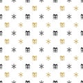 Christmas New Year seamless pattern with gift snowflakes. Holiday black background. Gold white gift. Xmas winter doodle