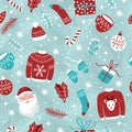 Christmas and New Year seamless pattern with hand drawn Santa Claus and holiday icons on light blue background with stars and snow Royalty Free Stock Photo