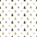 Christmas New Year seamless pattern with snowflakes christmas tree. Holiday background. Xmas winter decoration. Golden Royalty Free Stock Photo