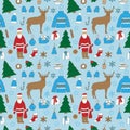 Christmas and new year seamless pattern, vector illustration, Santa Claus, reindeer, Christmas trees, snowflakes, Christmas toys,