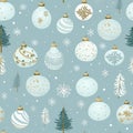 Christmas or New Year seamless pattern with white patterned Christmas balls, firs and snowflakes. Royalty Free Stock Photo