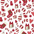 Christmas and New year seamless pattern with winter holidays symbols: mittens, sweets, gifts etc. Royalty Free Stock Photo