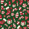 Christmas and New year seamless pattern with winter holidays symbols: mittens, sweets, gifts etc. Royalty Free Stock Photo