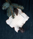 Christmas, new year. a sheet of paper on desk with branch fir tree and cones. inscription Dear Santa