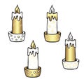 Christmas, New Year signs, symbols . Set of four Christmas cute holiday candles . Cartoon vector isolated illustration.