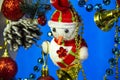 Christmas new year snowman snowman close-up on blue background Royalty Free Stock Photo
