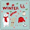 Big set of color Christmas and New Year stickers in cartoon style: polar bear, winter clothes and sports equipment Royalty Free Stock Photo
