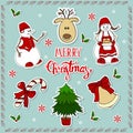 Big set of color Christmas and New Year stickers in cartoon style: Snowman, caramel stick, gingerbread, christmas tree Royalty Free Stock Photo