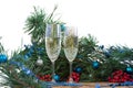 Christmas and New Year still life, champaign glasses, pine, ornament Royalty Free Stock Photo