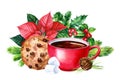 Christmas and New Year sweet composition. Watercolor poinsettia flowers, holly, cup, cookies, marshmallow