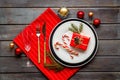 Christmas or New Year table setting. Holiday background top view Royalty Free Stock Photo