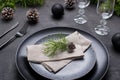 Christmas or New Year table setting. Place setting for Christmas Dinner. Holiday Decorations. Royalty Free Stock Photo