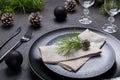 Christmas or New Year table setting. Place setting for Christmas Dinner. Holiday Decorations. Royalty Free Stock Photo