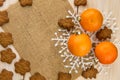 Christmas or New Year tangerines and gingerbread cookies with snowflakes framed on brown sack background texture.