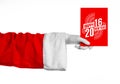 Christmas and New Year 2016 theme: Santa Claus hand holding a red gift card on a white background in studio isolated Royalty Free Stock Photo