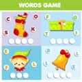 Christmas and New Year theme word game for kids and toddlers. Educational children game. Put letters in grid Royalty Free Stock Photo