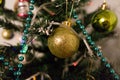 christmas and new year  christmas tree decorated with different christmas toys close-up. Royalty Free Stock Photo