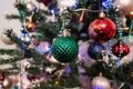 christmas and new year  christmas tree decorated with different christmas toys close-up. Royalty Free Stock Photo