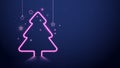 Christmas and New Year. Christmas tree pink neon light and stars on dark blue background. Vector illustration Royalty Free Stock Photo