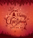 Christmas and New Year typographical on background with winter landscape with snowflakes, light, stars. Royalty Free Stock Photo