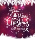Christmas and New Year typographical on background with winter landscape with snowflakes, light, stars. Royalty Free Stock Photo