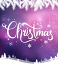 Christmas and New Year typographical on background with winter landscape with snowflakes, light, stars. Xmas card Royalty Free Stock Photo