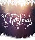 Christmas and New Year typographical on background with winter landscape with snowflakes, light, stars. Xmas card. Royalty Free Stock Photo