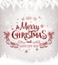 Christmas and New Year typographical on background with winter landscape with snowflakes, light, stars. Xmas card. Royalty Free Stock Photo