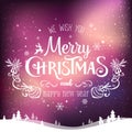 Christmas and New Year typographical on background with winter landscape with Northern Lights, snowflakes, light, stars. Xmas card