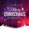 Christmas and New Year typographical on background with winter landscape with snowflakes, light, stars. Xmas card. Royalty Free Stock Photo