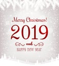Christmas and New Year typographical on background with winter landscape with snowflakes, light, stars. Xmas card Royalty Free Stock Photo
