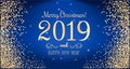 Christmas 2019 and New Year typographical on blue background with gold firework. Xmas card. Vector Illustration