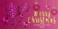 Christmas And New Year Typographical on Pink Xmas background with snowflakes, light, stars. Vector Illustration. Xmas card Royalty Free Stock Photo