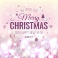 Christmas And New Year Typographical on pink Xmas background with snowflakes, light, stars. Vector Illustration Royalty Free Stock Photo
