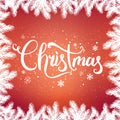 Christmas and New Year typographical on red background with winter landscape with snowflakes, light, stars. Royalty Free Stock Photo