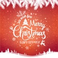 Christmas and New Year typographical on red background with winter landscape with snowflakes, light, stars. Royalty Free Stock Photo