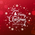 Christmas and New Year Typographical on red Xmas background with snowflakes, light, stars. Merry Christmas card. Royalty Free Stock Photo