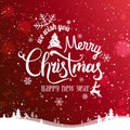Christmas and New Year Typographical on red Xmas background with winter landscape, snowflakes, light, stars. Merry Christmas card. Royalty Free Stock Photo
